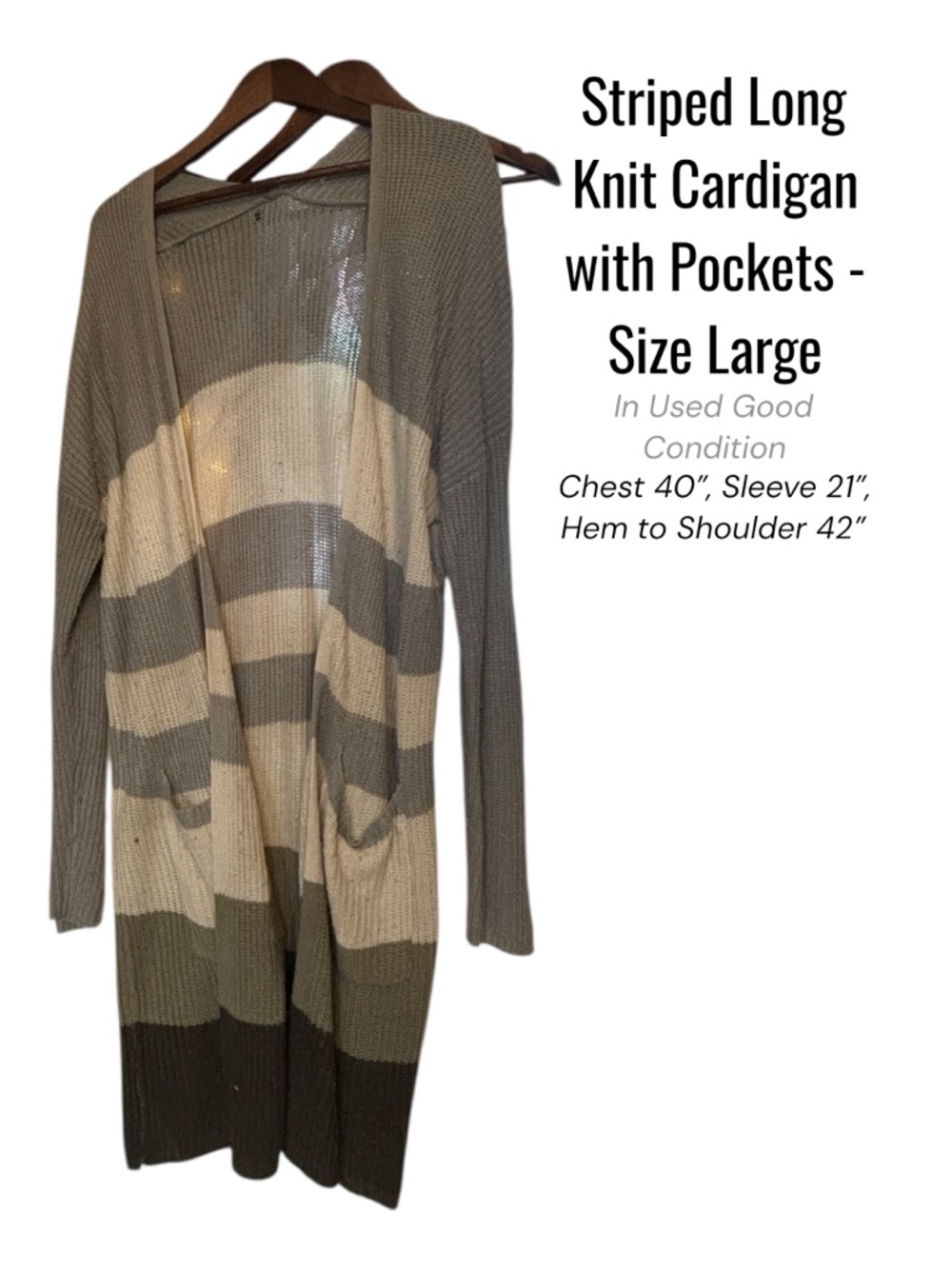 Brown Striped Knit Cardigan Long Open Front Pockets Large